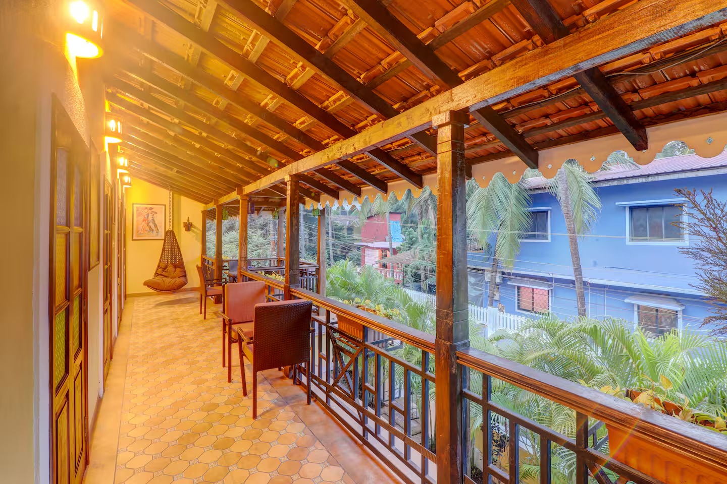 Covered balcony with seating